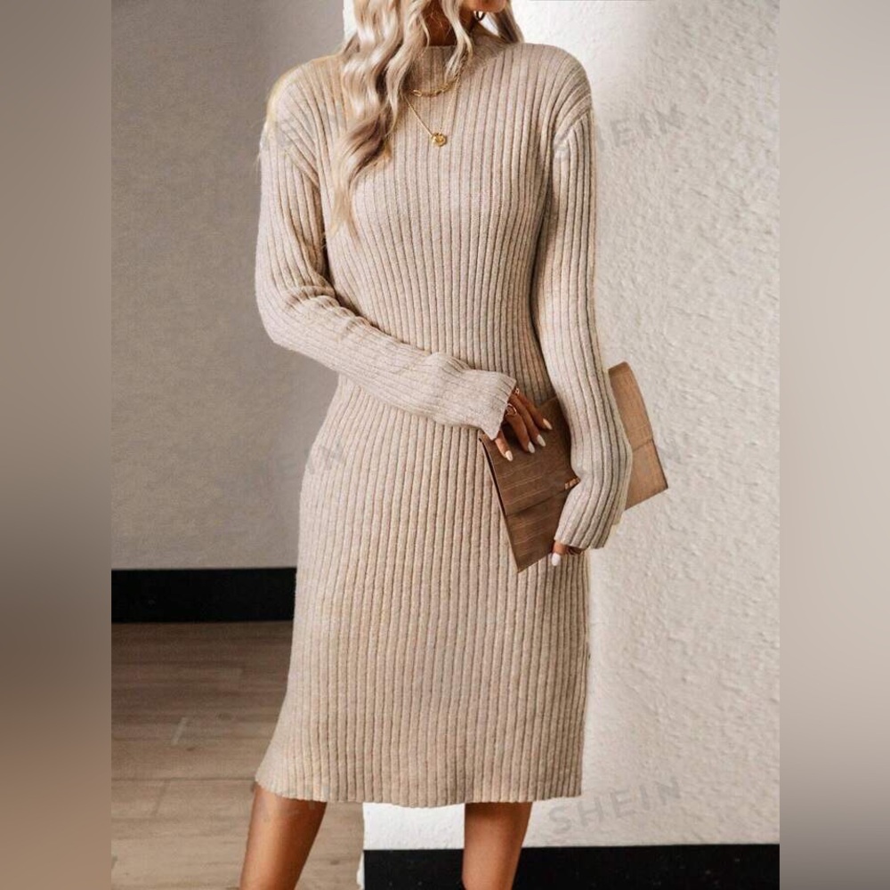 SHEIN Lune Mock Neck Drop Shoulder Split Hem Sweater Dress